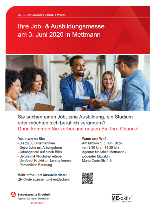 Poster zur Job- & Ausbildungsmesse am 3. Juni 2026 in Mettmann