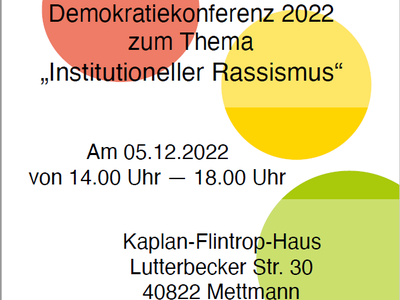 Plakat der Demokratiekonferenz mit Angaben, Logos und vier farbigen Kreisen