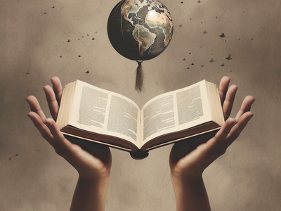 Zwei Hände halten ein geöffnetes Buch über dem ein Globus schwebt